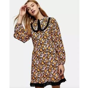 Topshop Oversized Peter Pan Collar Floral Mini Dress 10 Daisy Retro Mod Boho 60s